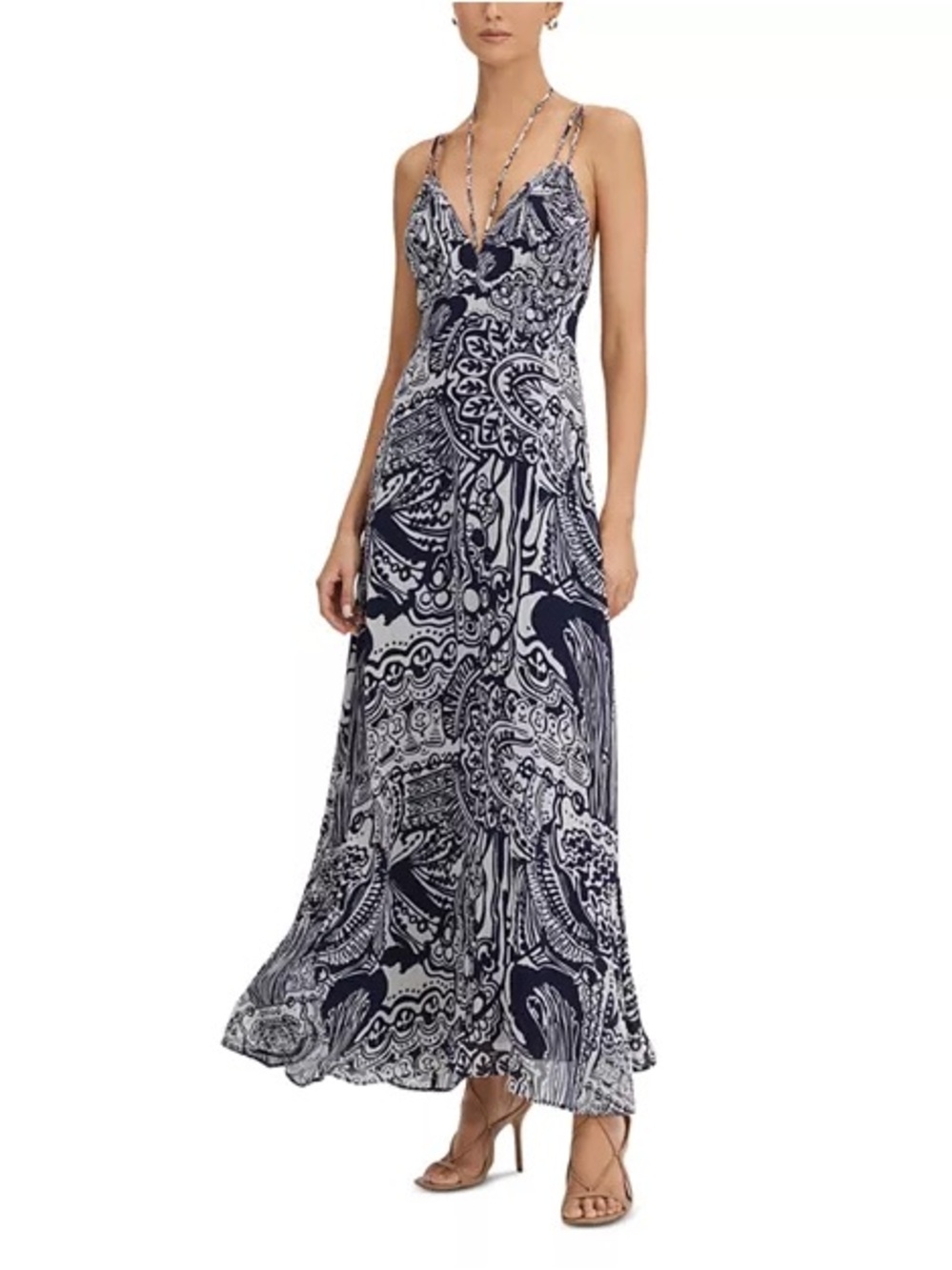 Reiss Quinn Printed Strappy Midi Dress in Navy